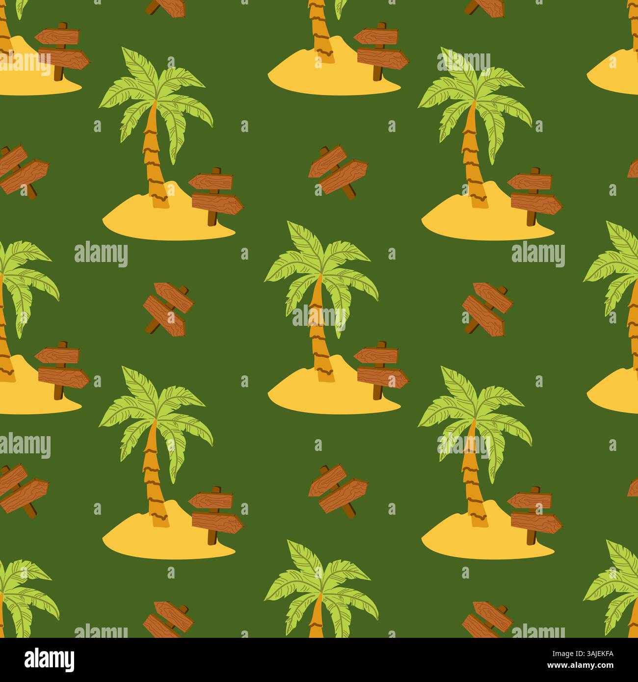 Modello tropicale dell'isola con palme e segni di legno su sfondo verde. Illustrazione Vettoriale