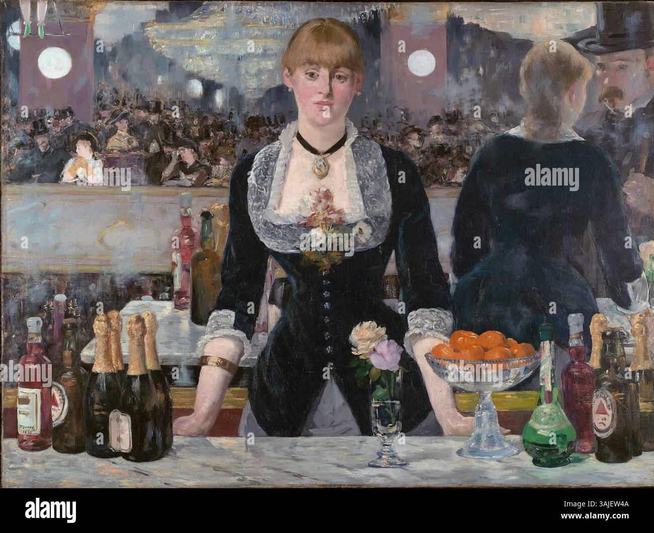 "A Bar at the Folies-Bergère" (1881-1882) di Édouard Manet è un'iconica rappresentazione della vita notturna parigina, con una barista al Folies-Bergère in primo piano. Il dipinto cattura la complessa interazione di riflessi e luce. Foto Stock