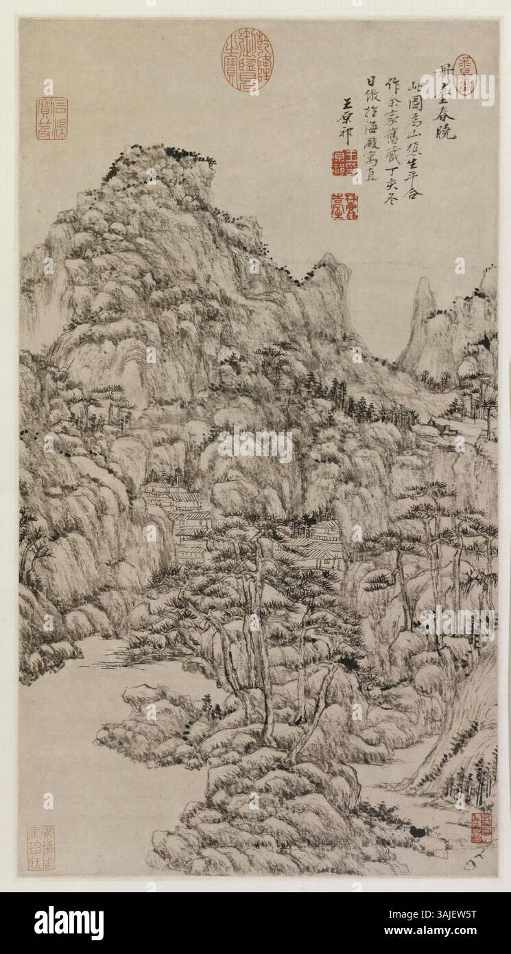 Wang Yuanqi (1642–1715) è stato un pittore cinese noto per la sua esperienza nella pittura a getto d'inchiostro. Questo pezzo, situato nel Museo del Palazzo, dimostra la sua abilità nell'utilizzare sottili tonalità di inchiostro e pennellate per raffigurare paesaggi tradizionali su carta. Foto Stock