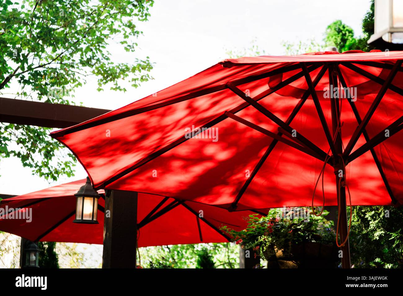 Gli ombrelli rossi luminosi offrono ombra nell'ambiente da caffe' all'aperto Foto Stock