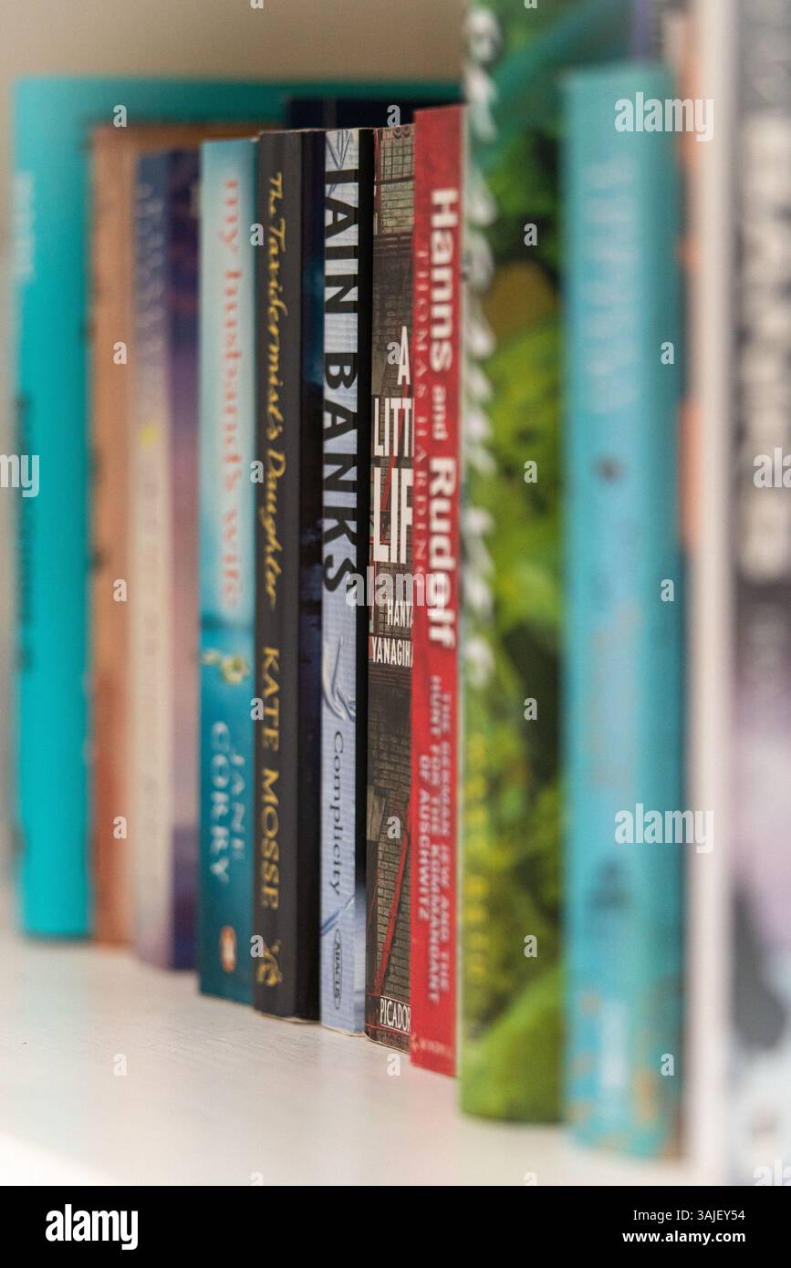 Spine di piccoli libri su scaffale con Ian Banks Foto Stock