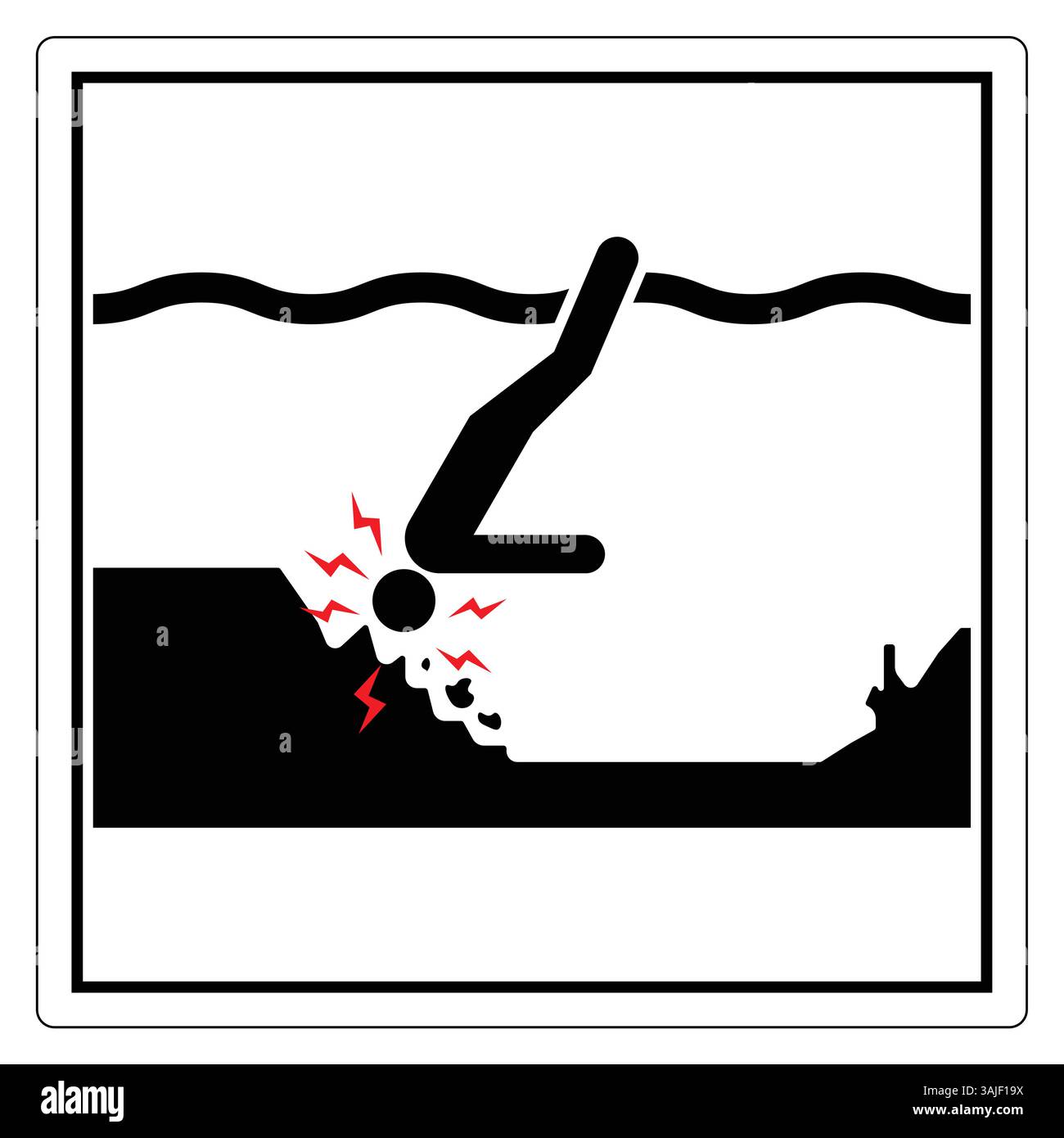Rappresentazione grafica di un segnale di avvertimento che indica un'area pericolosa per le immersioni in acqua. Illustra i rischi di immersione in acqua con un potenziale pericolo Illustrazione Vettoriale