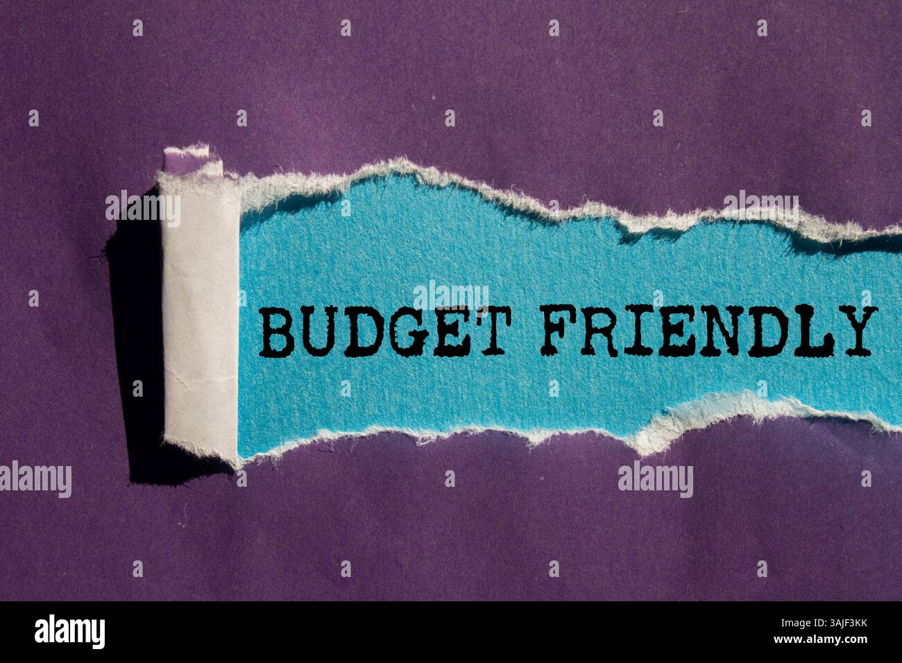 Messaggio economico scritto su carta strappata viola su sfondo blu. Simbolo di budget concettuale. Copia spazio. Foto Stock