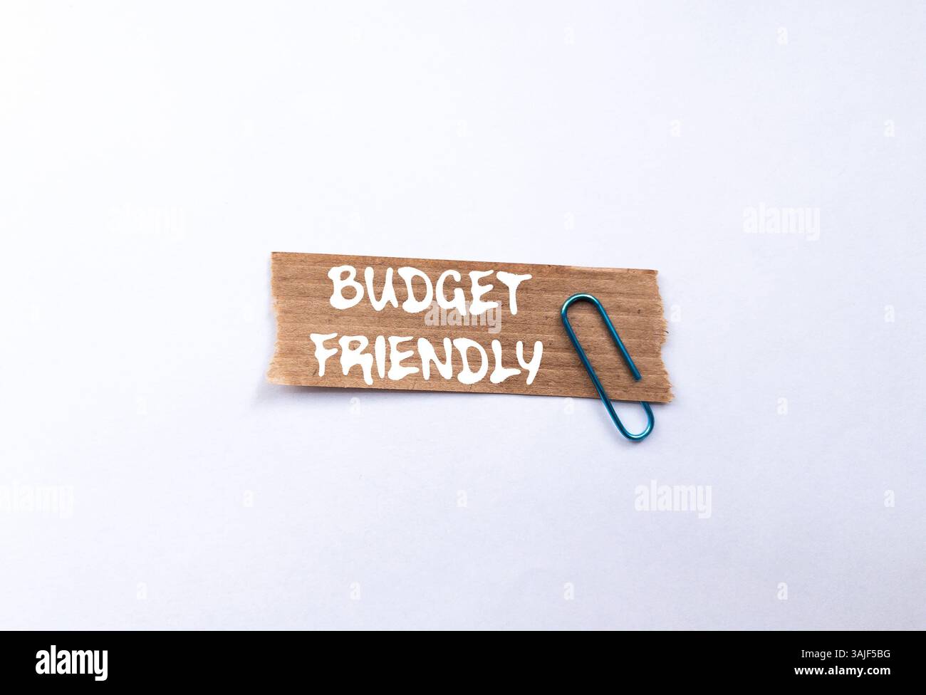 Messaggio economico scritto su un pezzo di carta marrone strappato su sfondo bianco. Simbolo di budget concettuale. Copia spazio. Foto Stock