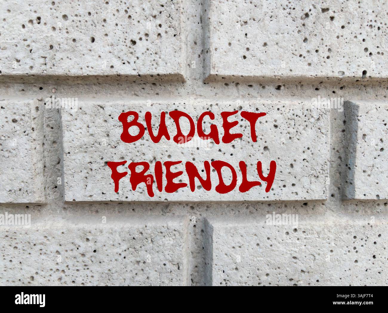 Messaggio economico scritto su un muro di pietra grigia. Simbolo di budget concettuale. Copia spazio. Foto Stock