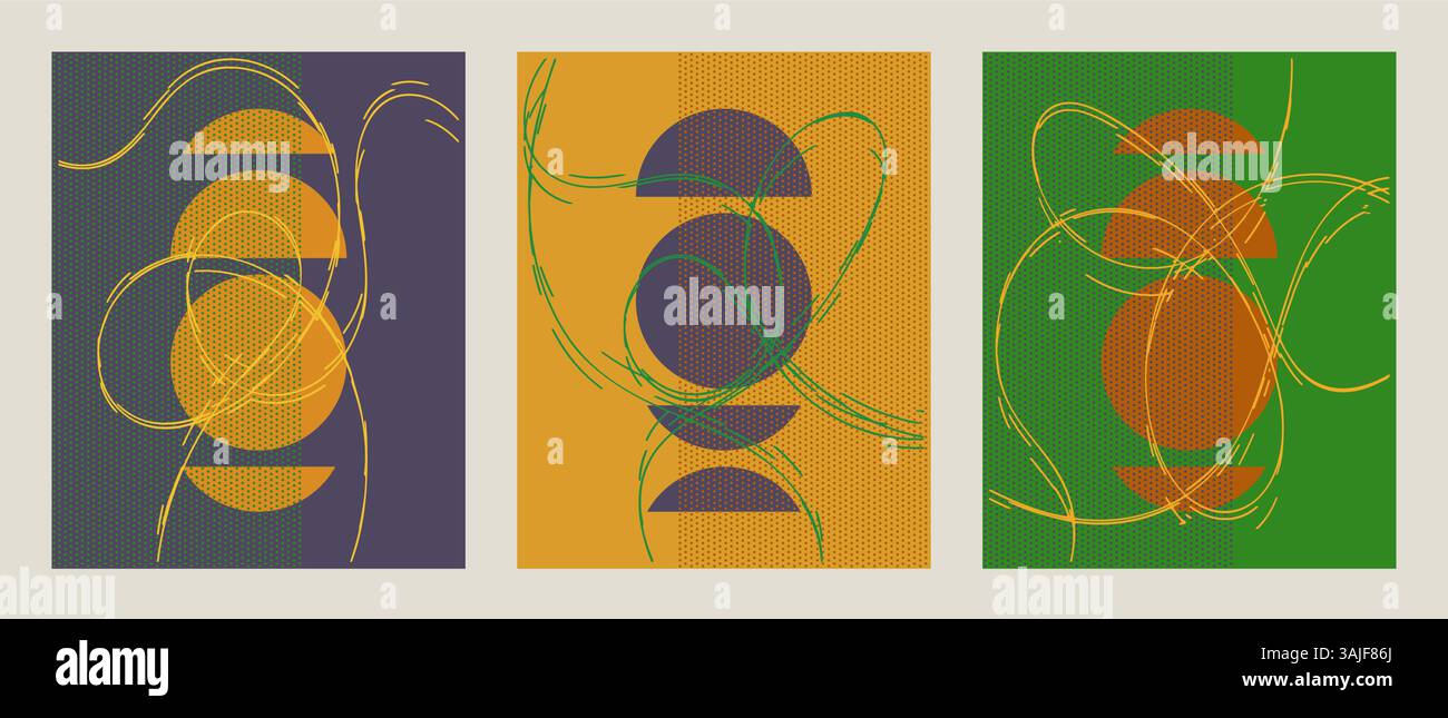 Set di tre poster per l'arredamento della casa. Forme astratte create con schemi di colori alla moda. Design piatto e minimalista. Illustrazione Vettoriale