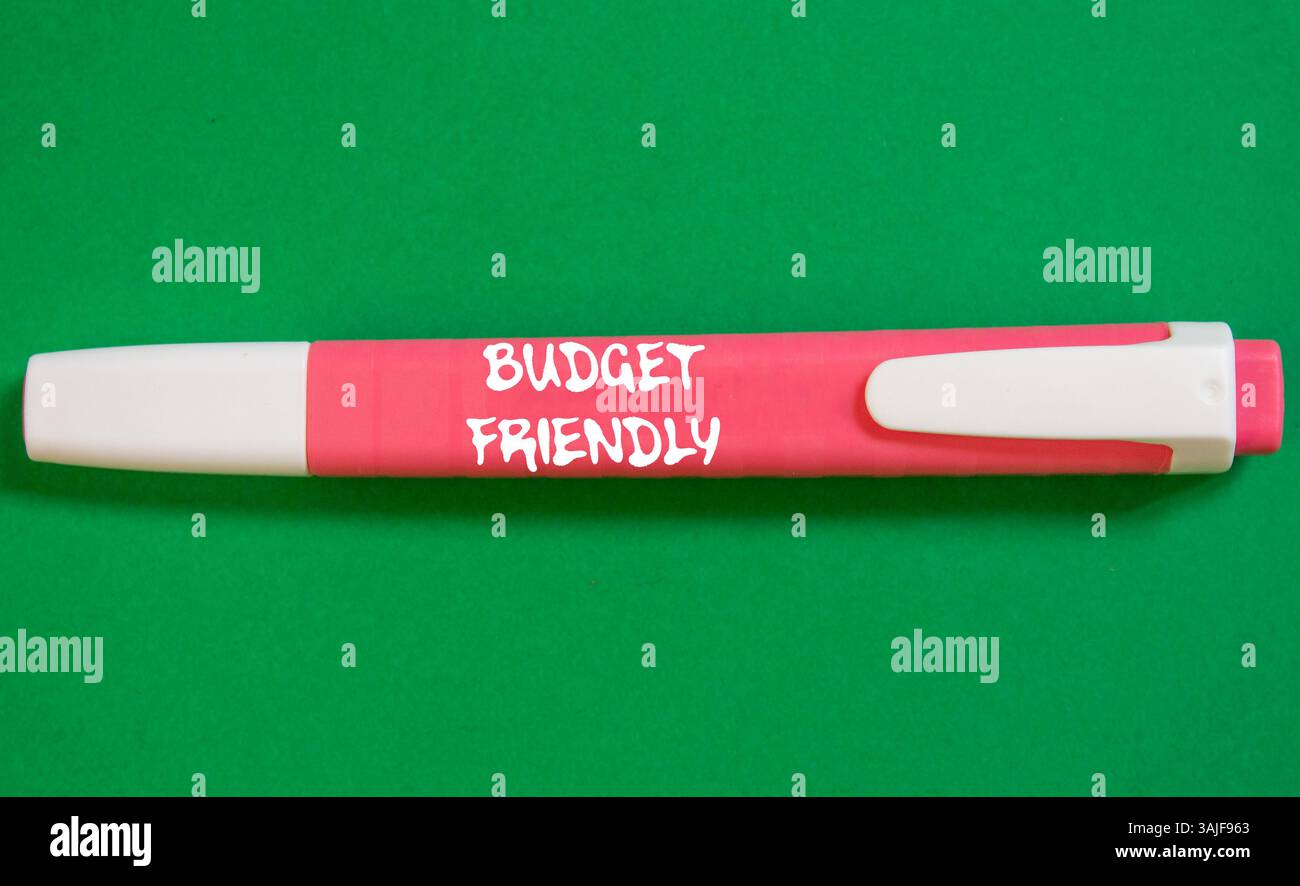 Messaggio economico scritto su pennarello rosa su sfondo verde. Simbolo di budget concettuale. Copia spazio. Foto Stock