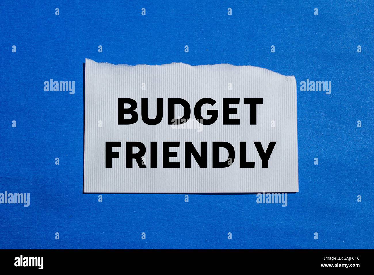 Messaggio economico scritto su un pezzo di carta bianca strappato su sfondo blu. Simbolo di budget concettuale. Copia spazio. Foto Stock