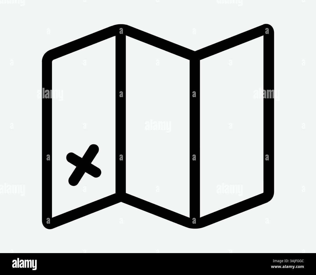 Mappa ripiegata pieghevole con punto di riferimento posizione X direzione di navigazione esplorazione esplorazione Esplora percorso carta viaggio contorno nero vettore Illustrazione Vettoriale