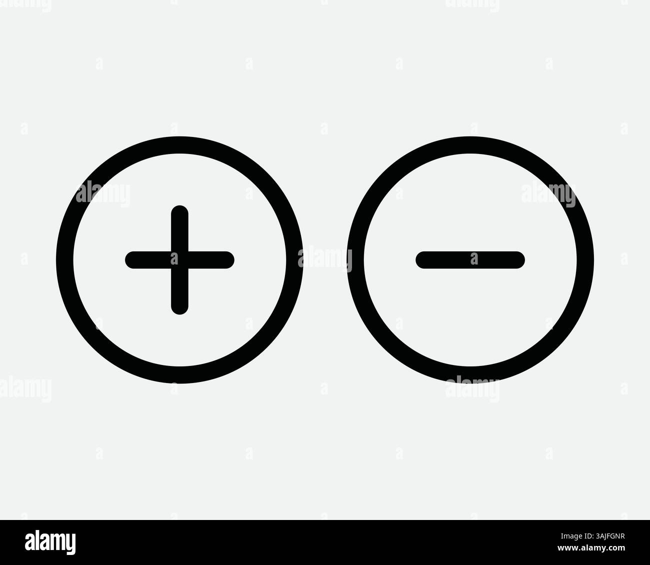 Icona terminale circolare negativo e positivo simbolo di contorno vettore grafico due valori matematici impostati più meno Aggiungi sottrazione più meno meno Zoom in Out Shape Illustrazione Vettoriale