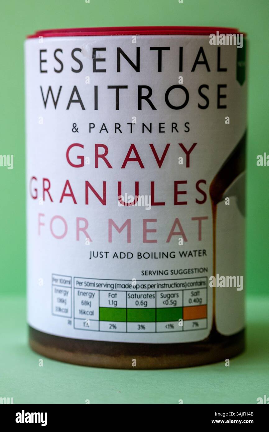 London UK, 11 aprile 2025, Essential Waitrose Gravy Granuals for Meat with No People Foto Stock