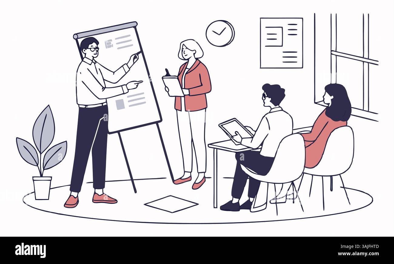 Illustrazione di un gruppo aziendale che coordina i piani su un grafico in una sala riunioni dell'ufficio con orologio e impianto. Illustrazione Vettoriale
