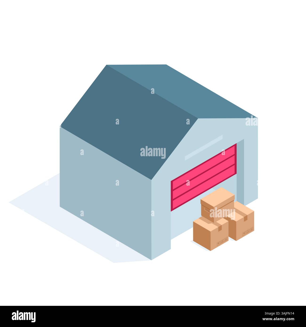 magazzino e scatole isometriche, a colori su sfondo bianco, noleggio o stoccaggio di magazzino Illustrazione Vettoriale