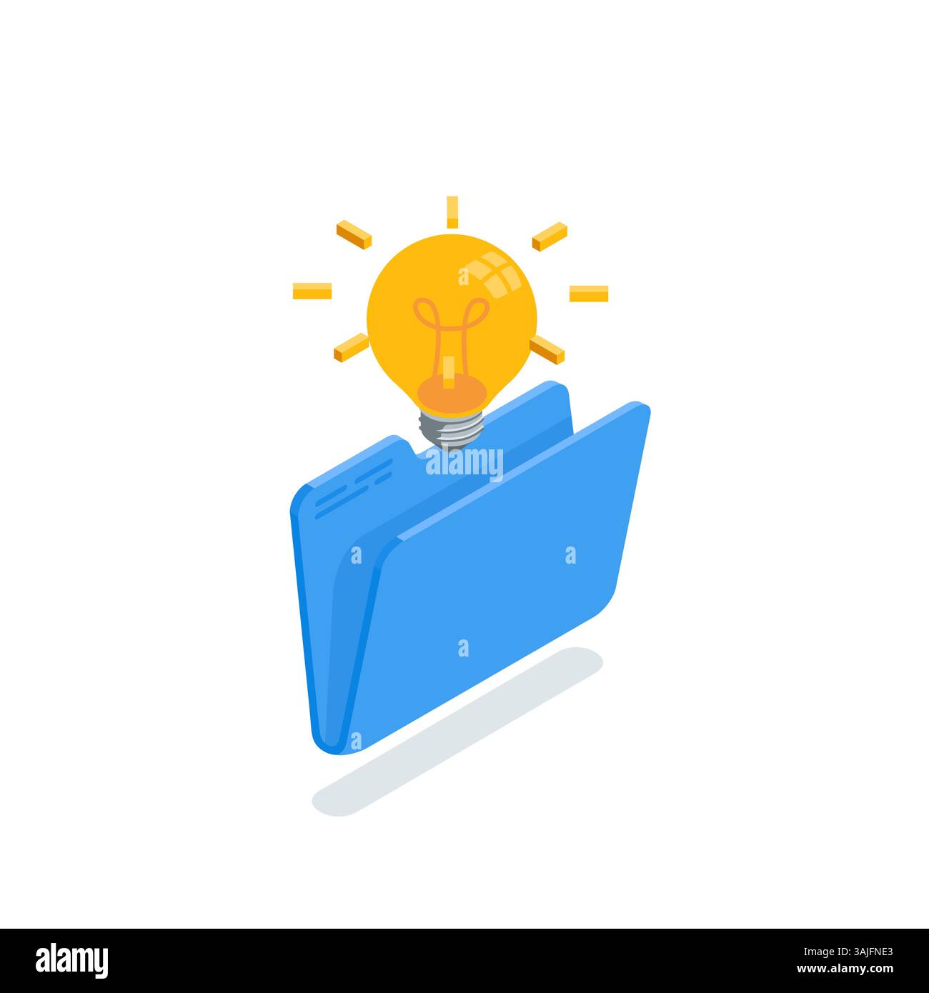 lampadina vettoriale isometrica su una cartella aperta, a colori su sfondo bianco, cartella aziendale per documentazione o idea Illustrazione Vettoriale