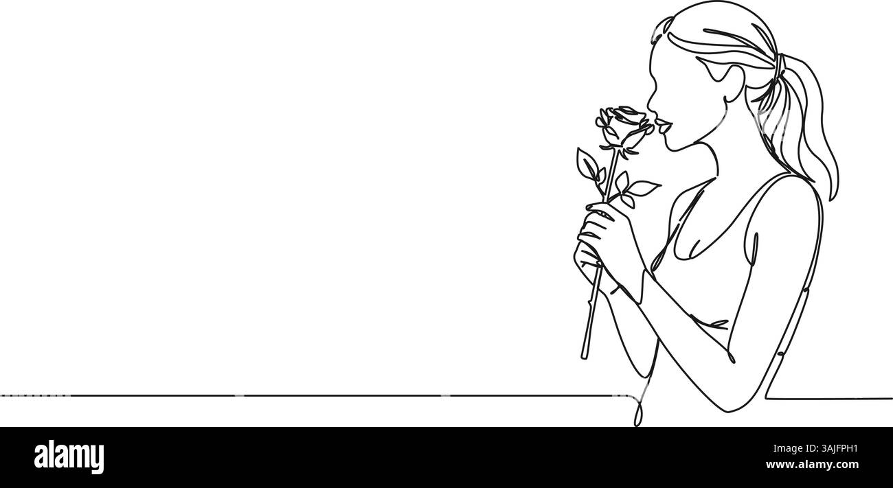 disegno continuo a linea singola di una giovane donna che tiene e annusa un fiore, illustrazione vettoriale di line art Illustrazione Vettoriale