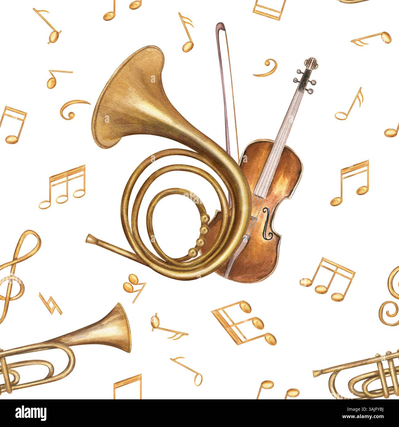 Strumenti di musica classica e note musicali, sfondo isolato con motivo ad acquerello senza cuciture. Violino con arco, tromba, corno francese Foto Stock