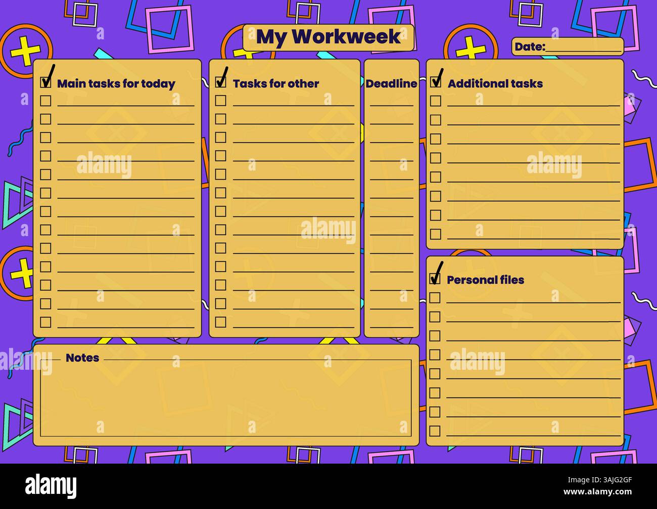 Vivace pianificazione orizzontale settimanale delle attività con sezioni per le attività principali, le attività aggiuntive, i file personali e le scadenze. Illustrazione Vettoriale