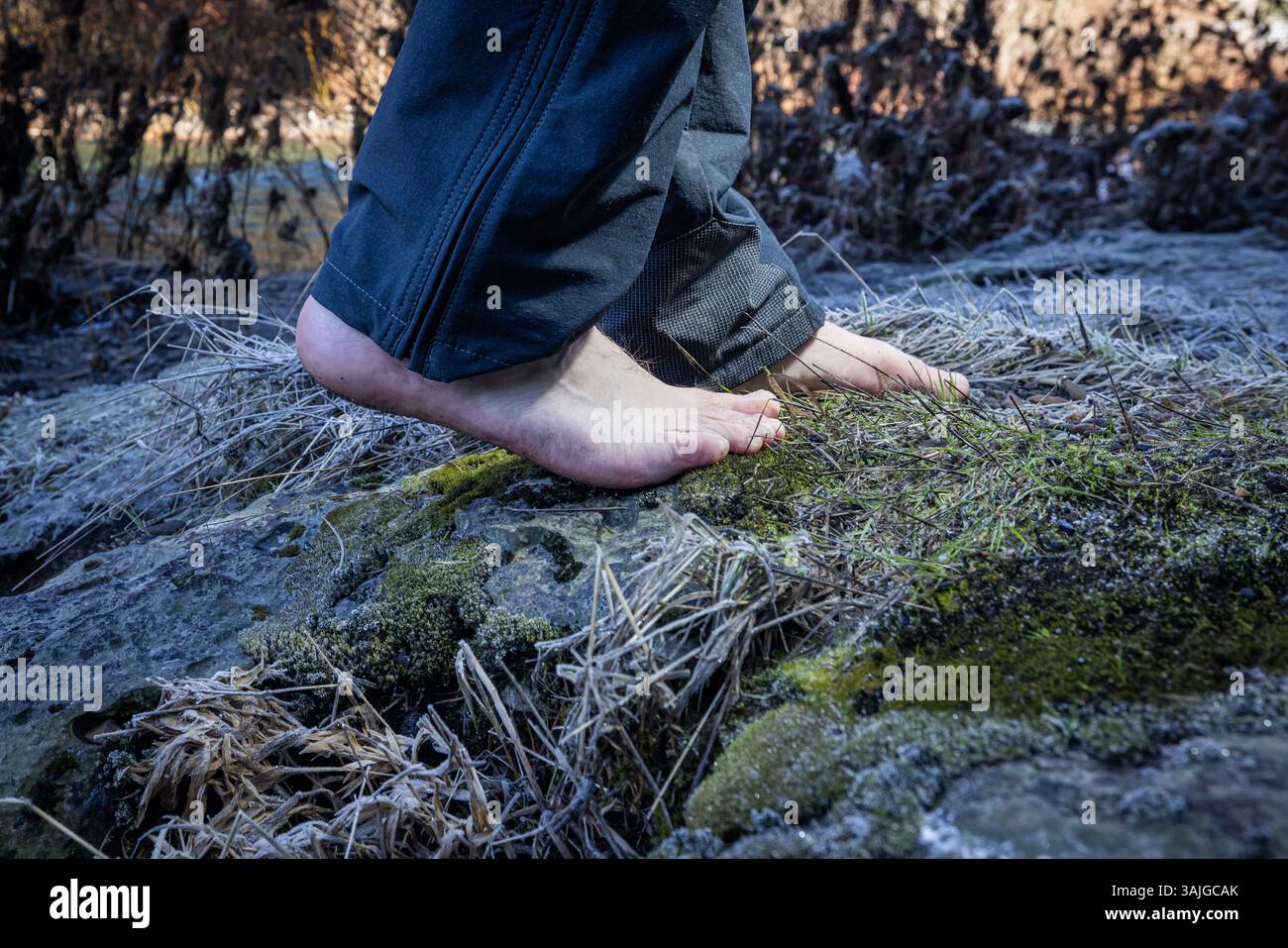 Piedi umani di un maschio adulto che cammina a piedi nudi in una foresta come forma di messa a terra e connessione con la terra. Foto Stock
