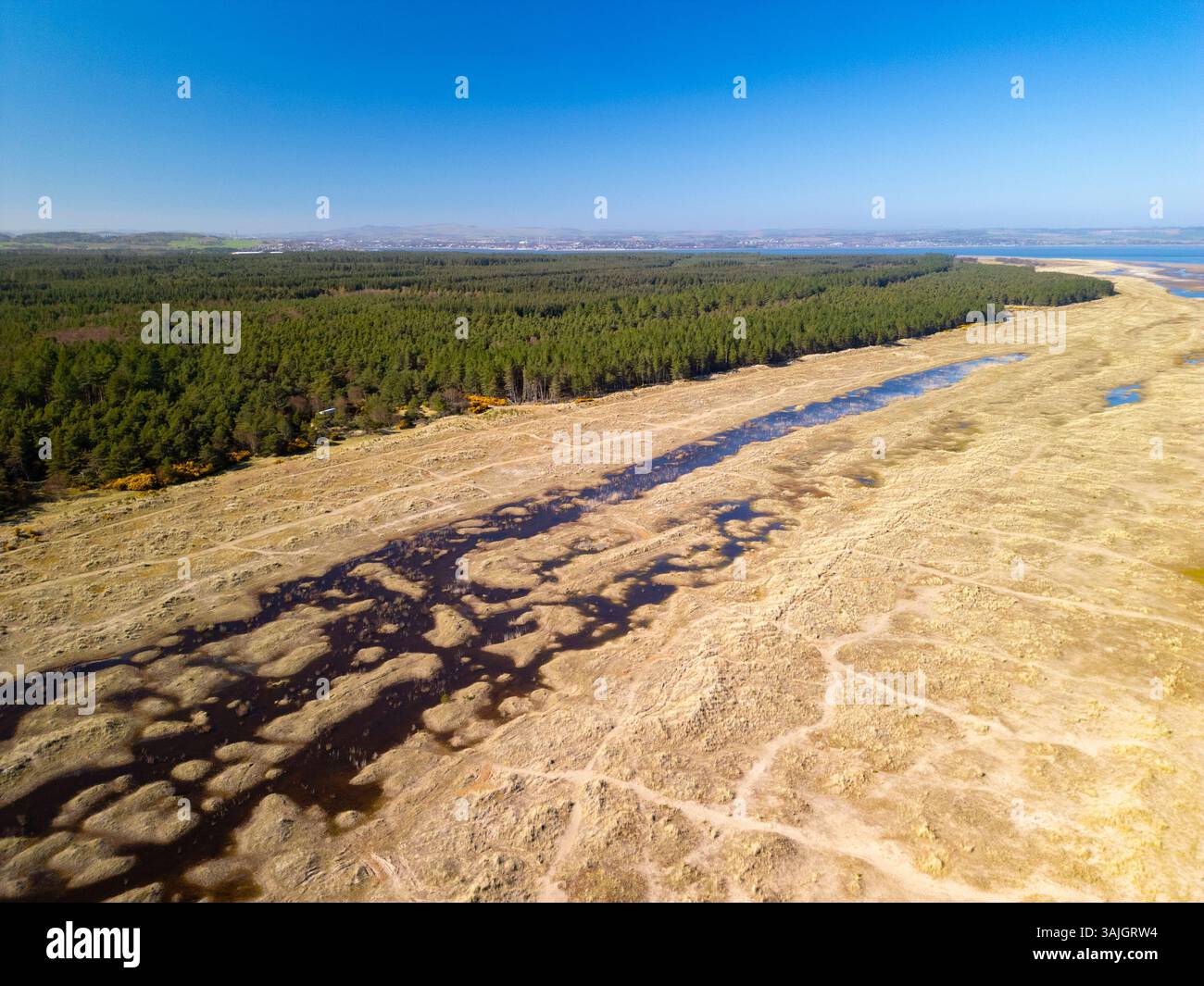 Vista aerea dal drone della riserva naturale nazionale di Tentsmuir nel nord-est di Fife, Scozia, Regno Unito Foto Stock