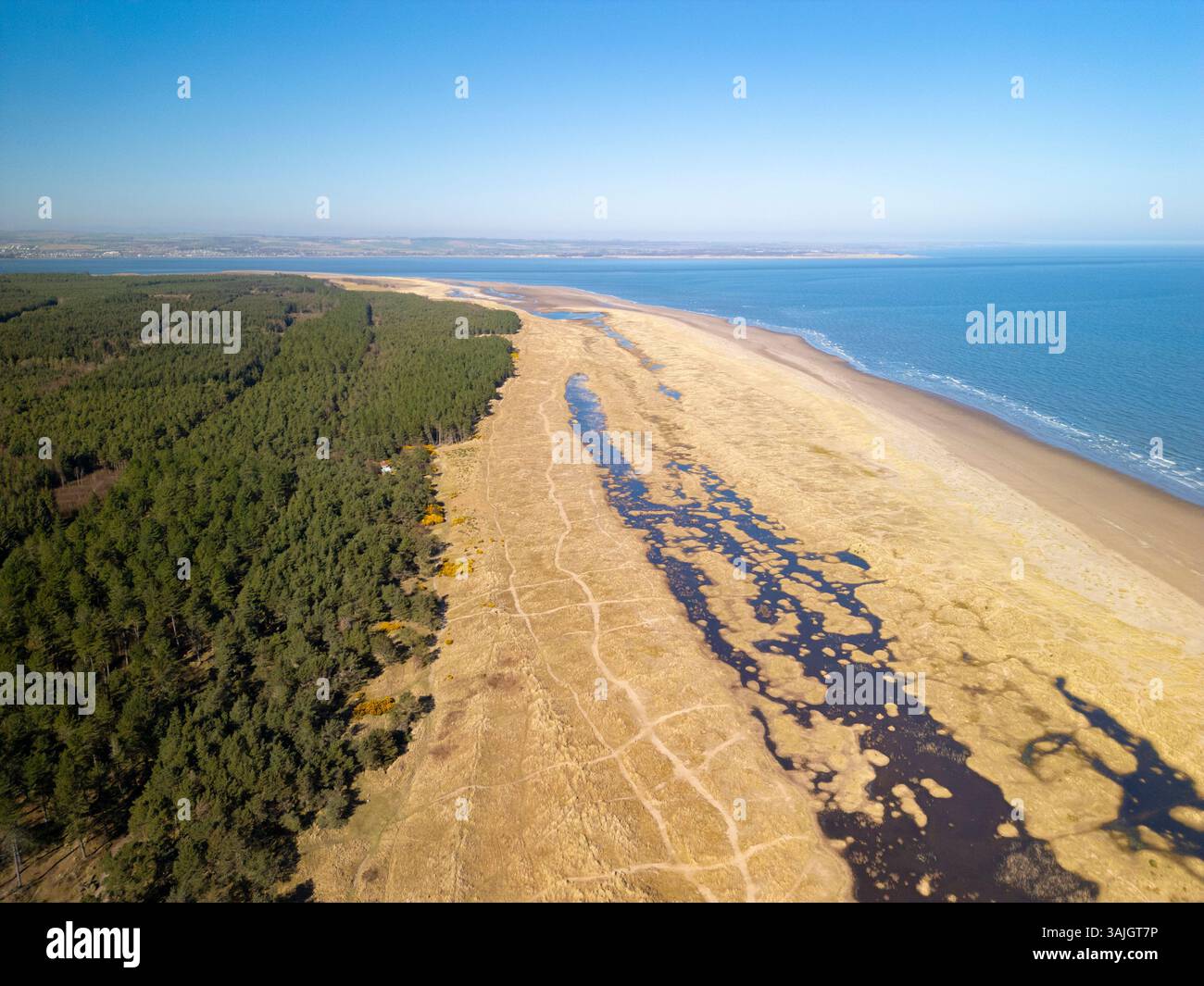 Vista aerea dal drone della riserva naturale nazionale di Tentsmuir nel nord-est di Fife, Scozia, Regno Unito Foto Stock
