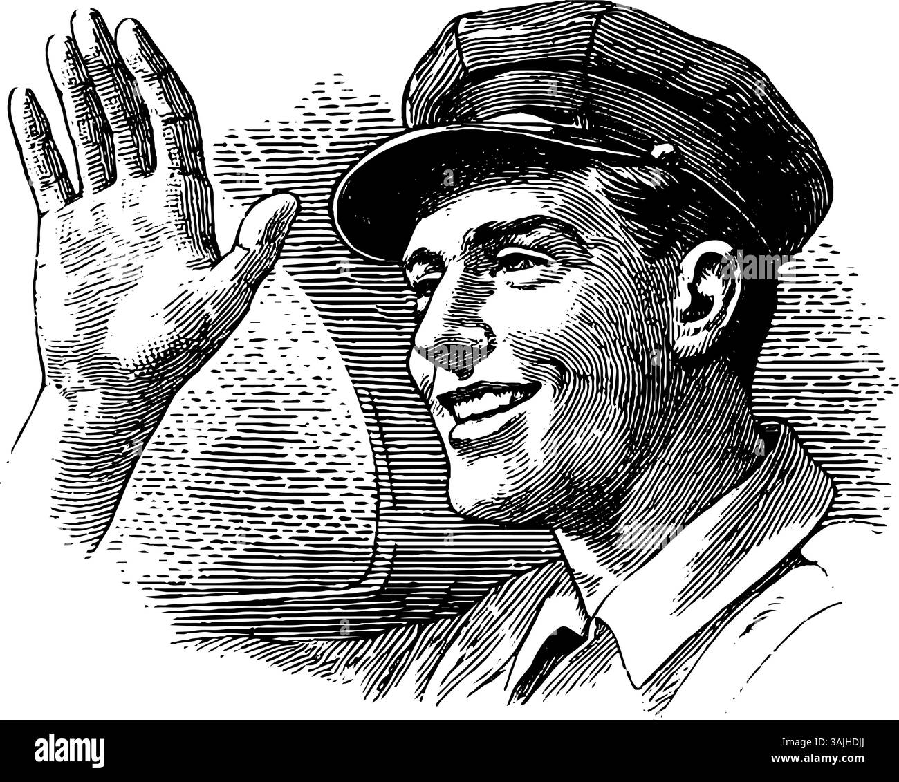 Incisione vintage di un tassista sorridente che sventola in uniforme per un concetto di trasporto classico. Illustrazione Vettoriale