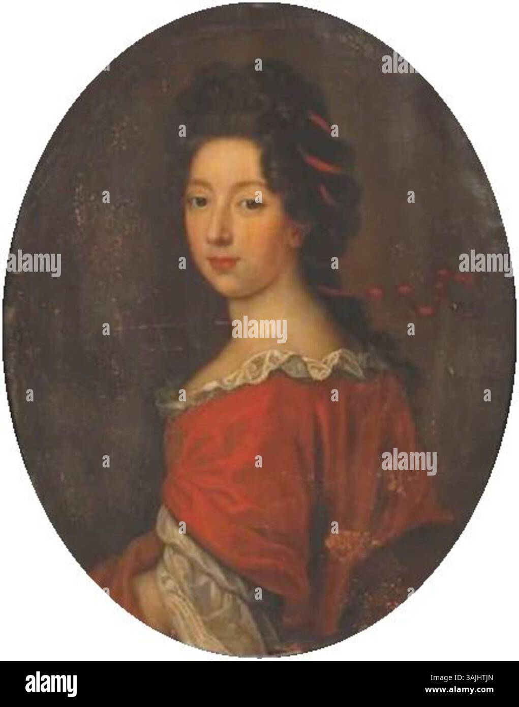 Ritratto di una donna, forse Luisa Francesca di Borbone (1673-1743) o di sua cugina Anna Maria d'Orléans (1669-1728). Questo dipinto del XVII secolo, creato nella scuola francese, raffigura una figura femminile in un abbigliamento raffinato. Il lavoro viene eseguito in olio su tela. Foto Stock