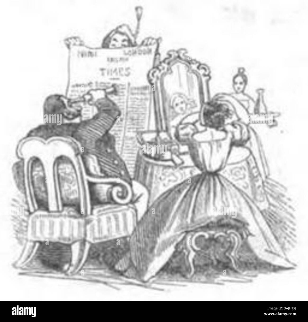 Questa illustrazione tratta da 'Fliegende Blätter' (Vol. 1, numero 24, pagina 186) del 1845 mostra l'interpretazione satirica della rivista sugli eventi attuali. Nota per il suo approccio spiritoso e critico alle questioni sociali, la pubblicazione ha svolto un ruolo importante nella cultura e nei media tedeschi. Foto Stock