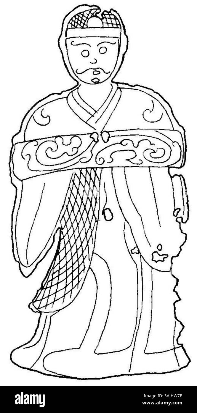 Questa figura maschile, databile dal i al III secolo, è stata scoperta nella contea di Wushan, Chongqing, Sichuan orientale. La figura regge una targa o un rotolo decorato con motivi a nuvole, forse simboleggiando la cultura o il patrimonio culturale. Foto Stock