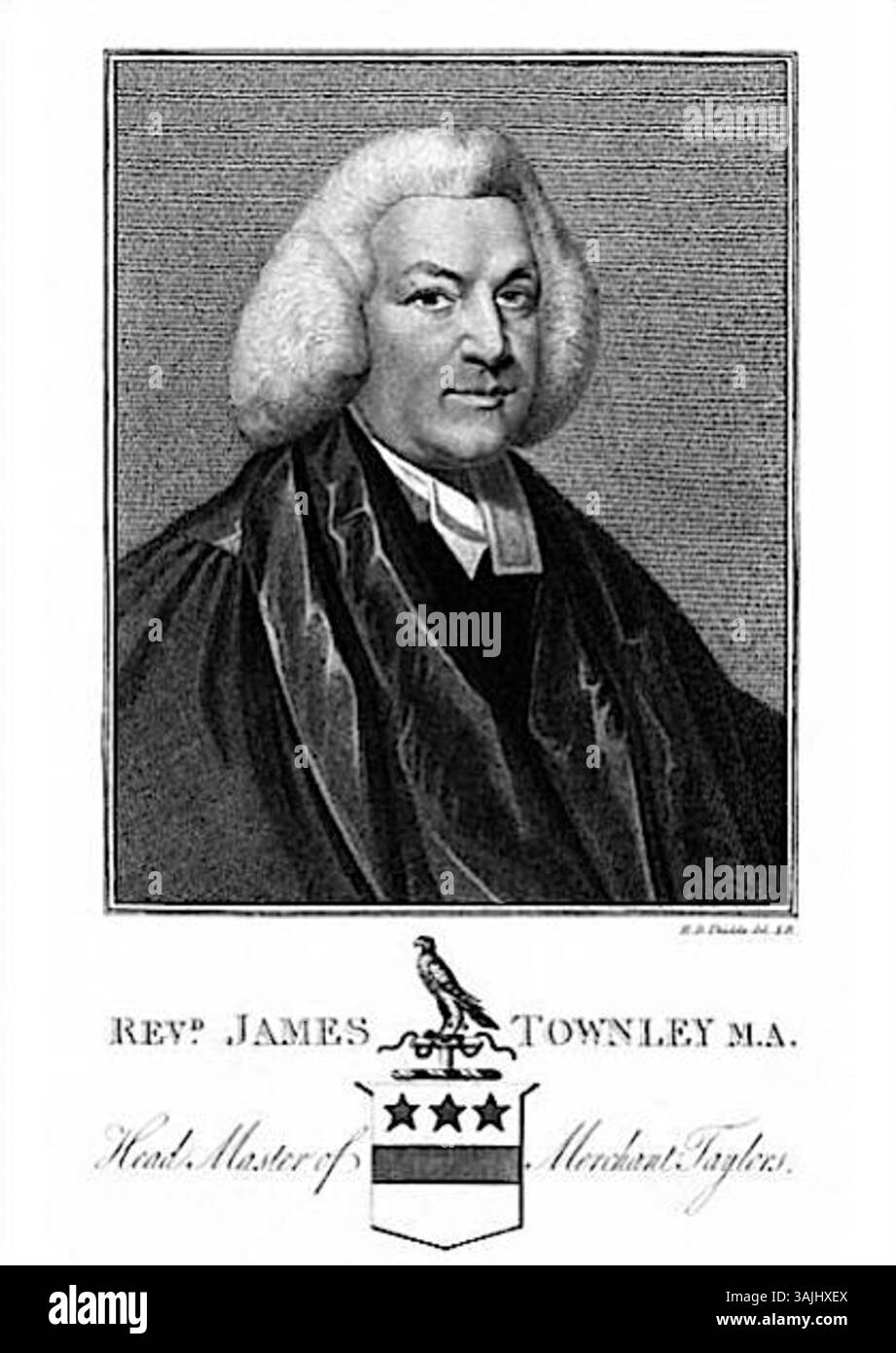 Questo ritratto inciso del reverendo James Townley, capo maestro della scuola mercantile Taylors, fu creato prima del 1754, raffigurandolo in uno stile accademico tradizionale, mostrando il suo contributo all'istruzione. Foto Stock