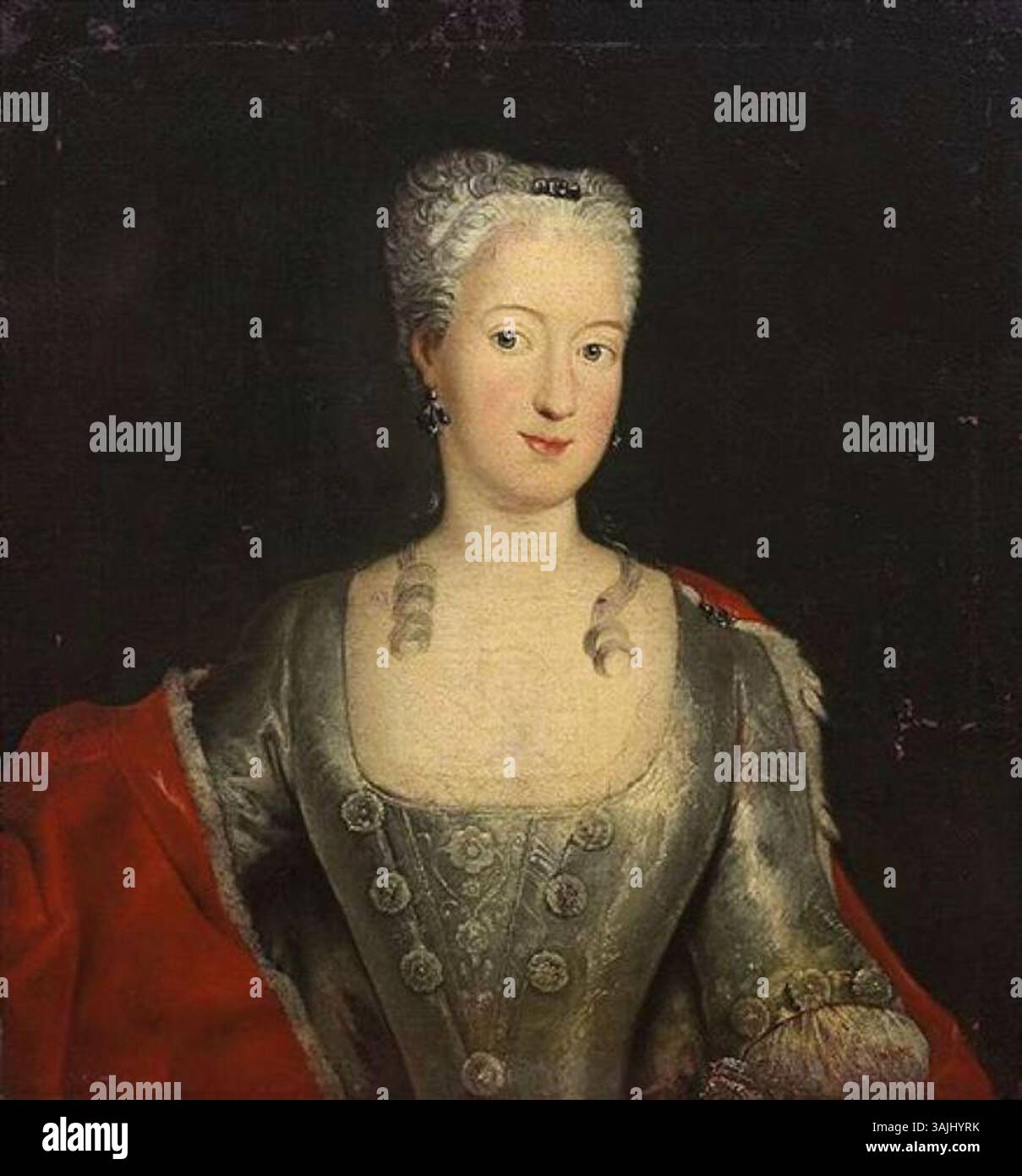 Il ritratto di Guglielmina di Prussia, margravia di Brandeburgo-Bayreuth, realizzato dalla bottega di Antoine Pesne, dipinto intorno al 1710-1750, la mostra in un abito grigio argento e mantello ermellino, riflettendo la moda e la nobiltà del periodo. Foto Stock