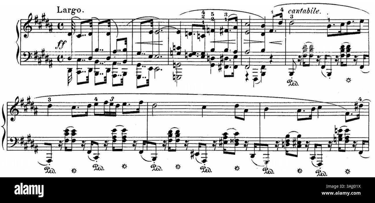 Le battute di apertura del terzo movimento della Sonata per pianoforte n. 3 di Frédéric Chopin, marchiate largo, presentano passaggi lenti ed espressivi per pianoforte che mostrano la profondità emotiva e la precisione tecnica del compositore. Foto Stock