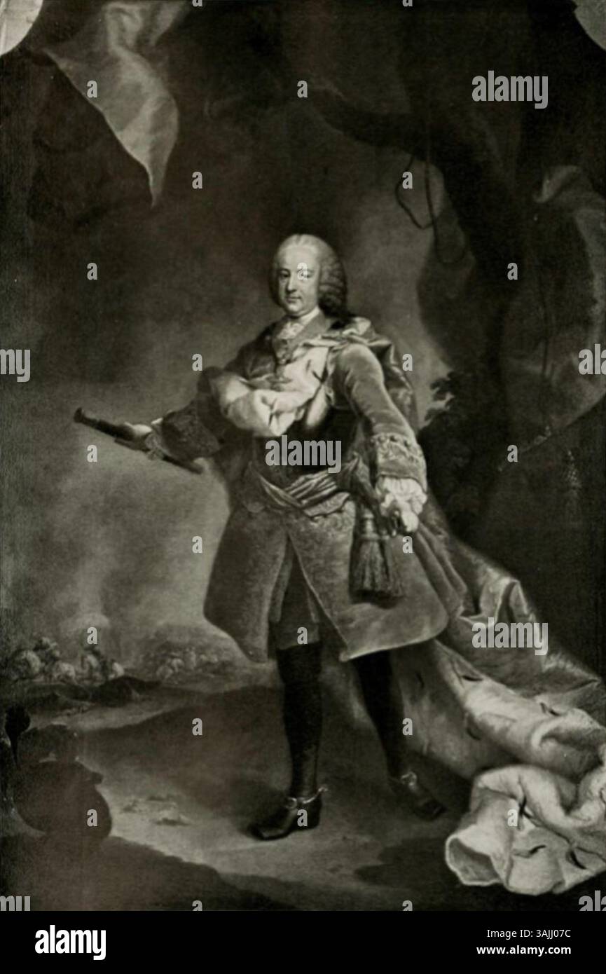 Questo dipinto ad olio del XVIII secolo di Martin van Meytens mostra l'imperatore Francesco i raffigurato come un comandante in capo. Il dipinto cattura l'imperatore in abbigliamento militare, evidenziando il suo ruolo nella leadership durante il periodo. Foto Stock