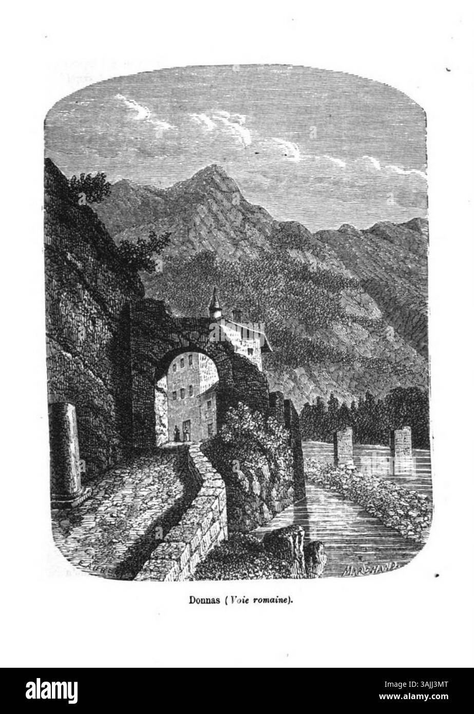 L'incisione di Édouard Aubert illustra l'antica strada romana di Donnas, sottolineandone il significato storico e il paesaggio circostante. L'opera, creata prima del 1877, offre una registrazione visiva delle infrastrutture e della geografia romane. Foto Stock