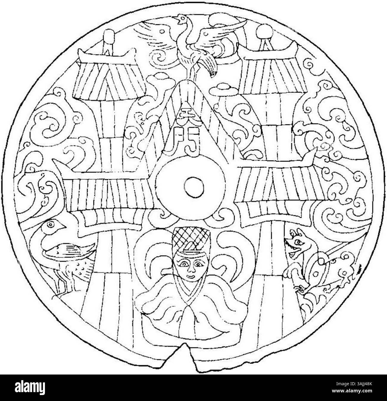 Disegno di linea di una placca con bronzo dorato dal i al III secolo, trovata nel 1980 nella contea di Wushan, Chongqing, Sichuan. Questa placca è un esempio di antiche abilità metallurgiche cinesi e di opere artistiche in bronzo. Foto Stock