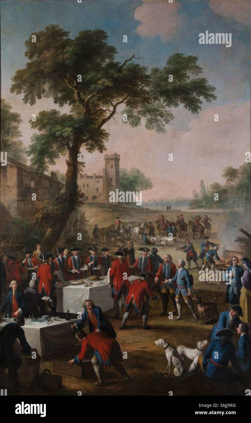 Il dipinto di Vittorio Amedeo Cignaroli del 1730 ritrae Carlo Emanuele III di Savoia durante una colazione di caccia reale all'aperto vicino a un castello. La scena cattura l'opulenza della cultura di caccia reale del XVIII secolo. Foto Stock