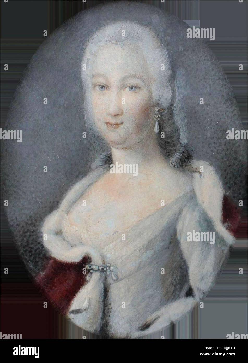 Questo ritratto in miniatura del XVIII secolo raffigura la contessa palatina Carolina di Zweibrücken, moglie di Ludovico IX, Langravio d'Assia-Darmstadt. Il gouache su pezzo d'avorio non è firmato, alloggiato in una cornice in ottone, che cattura la nobildonna in un formato ovale. Foto Stock