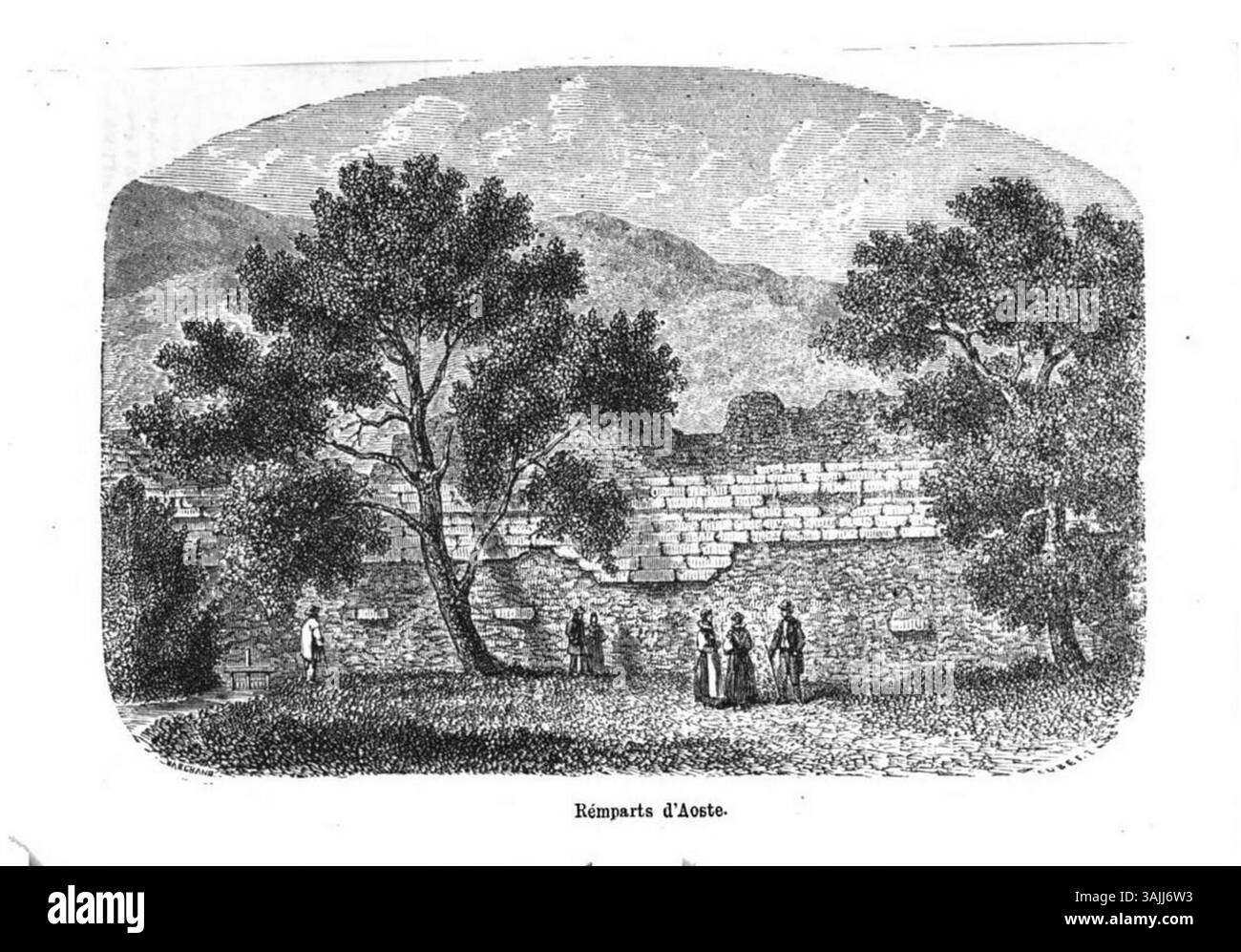 Un'incisione di Édouard Aubert raffigurante le antiche mura della città (remparts) di Aosta, Italia, prima del 1877. Foto Stock