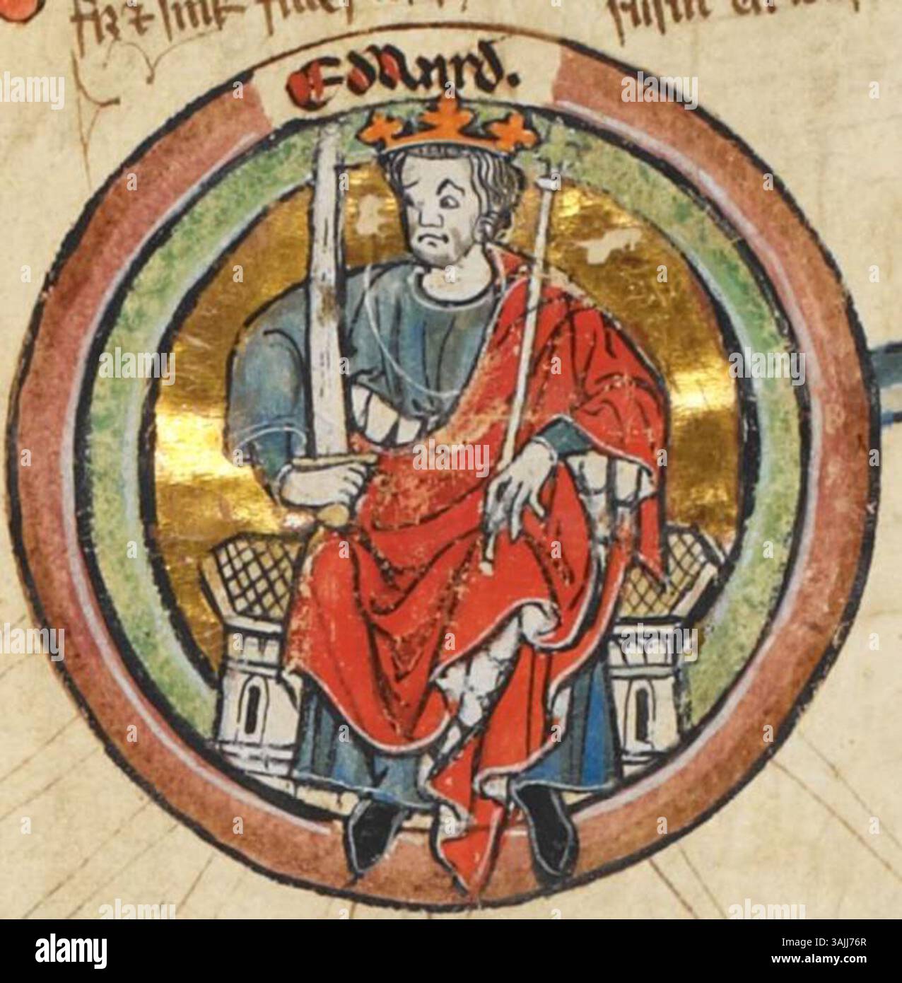 Questa cronaca genealogica dal 1300 al 1340 mostra Edoardo i d'Inghilterra, concentrandosi sulla sua discendenza e sul ruolo nella monarchia inglese durante il suo regno. È un documento storico chiave per comprendere la genealogia dei re inglesi. Foto Stock