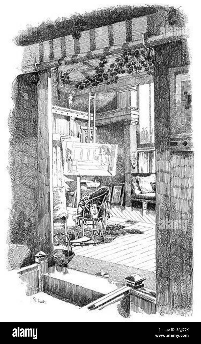 Questa rappresentazione dello studio di Lawrence Alma-Tadema, creato da H. Scott tra il 1880 e il 1882, offre uno sguardo all'ambiente artistico del famoso pittore vittoriano. L'opera evidenzia il meticoloso processo e l'ambientazione in cui Alma-Tadema ha lavorato. Foto Stock