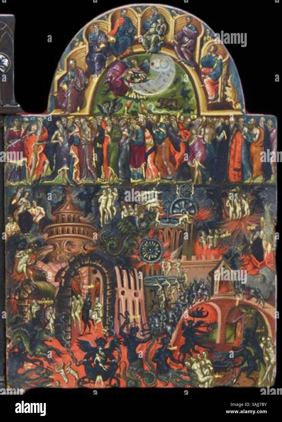 Il pannello destro del Trittico del giudizio universale di Georgios Klontzas illustra le figure religiose chiave in una scena drammatica del giorno del giudizio, tra cui santi e personalità bibliche. Dipinto in tempera e foglia d'oro tra il 1560 e il 1608, questo pannello fa parte del trittico più grande conservato nella collezione di Marianna Latsis. Foto Stock
