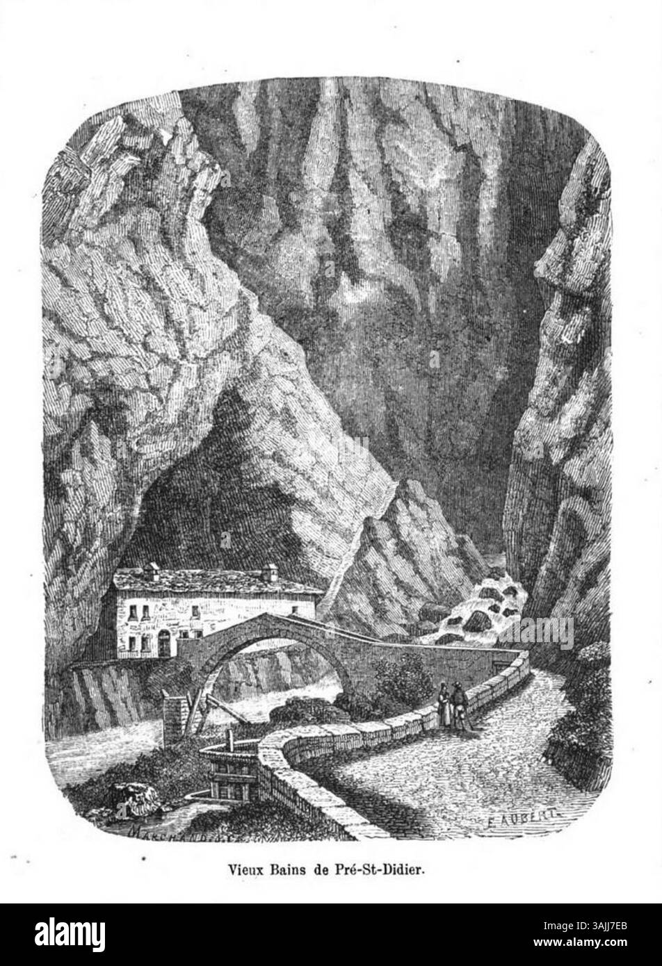 Un'incisione di Édouard Aubert prima del 1877, raffigurante il "Vieux Bains de Pré-Saint-Didier". La stampa mostra le storiche terme, un luogo popolare per il relax e la salute in Valle d'Aosta. Foto Stock