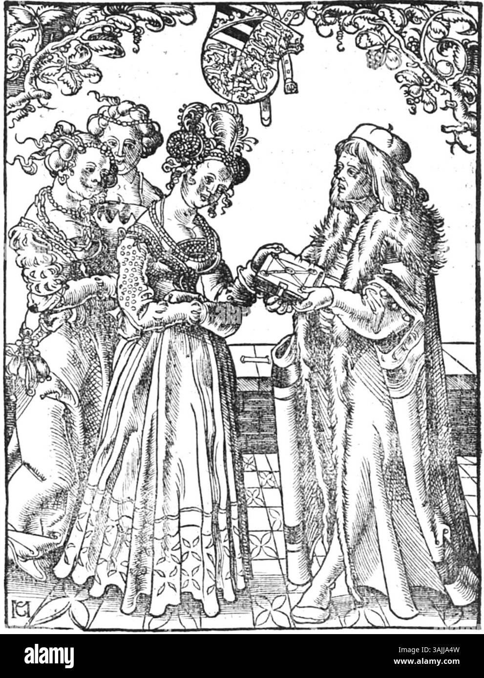 Un'illustrazione incisa su legno dal libro del 1513 "Der Swangern frawen vnd hebammen roszgarten" di Eucharius Rösslin. L'immagine appare a pagina 5 e raffigura un'illustrazione medica relativa all'ostetricia e al parto, offrendo una guida precoce nell'assistenza materna. Foto Stock