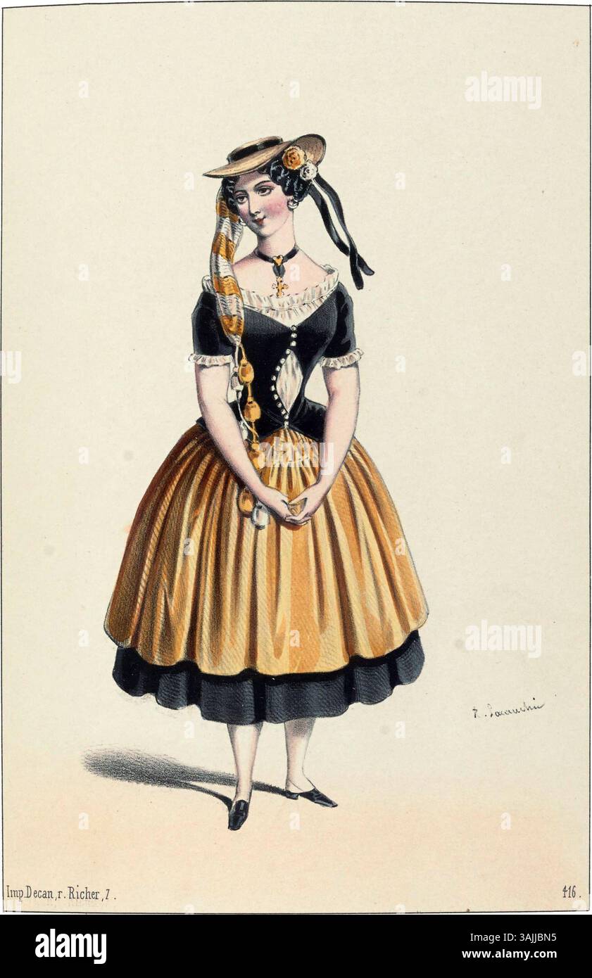 Un'incisione a 1848 colori raffigurante Marguerite Lacressonnière nel ruolo di Mercédès in Monte Cristo. Questa stampa è stata creata per la Théâtre Historique, mostrando il ritratto di Lacressonnière del personaggio nell'opera drammatica di Alexandre Dumas. Foto Stock