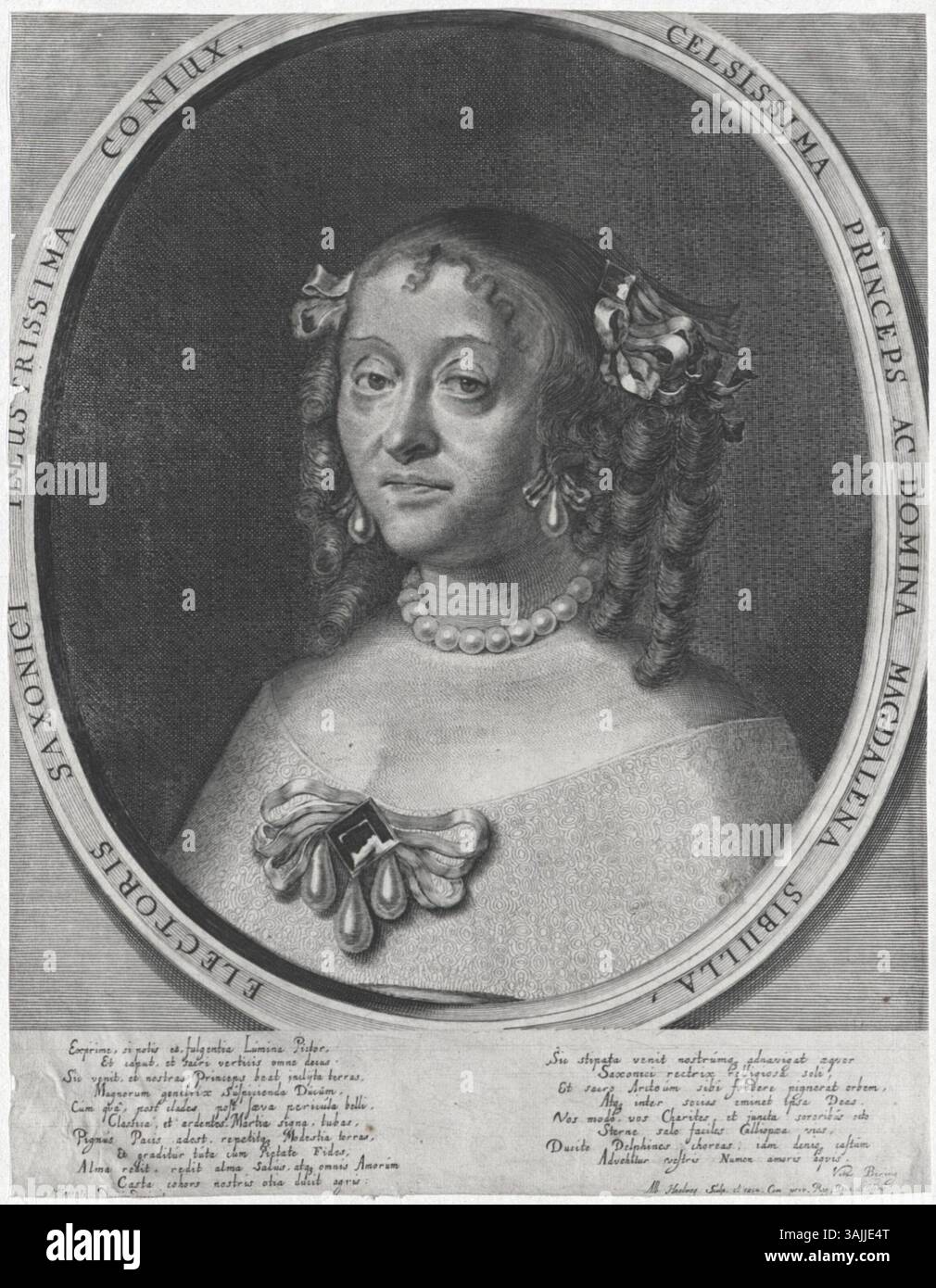 Incisione di Alberto Haelwegh di Maddalena Sibilla, Principessa di Brandeburgo-Bayreuth, moglie di Giovanni Giorgio II, Elettore di Sassonia. L'opera cattura la sua immagine nello stile incisivo del XVII secolo. Foto Stock