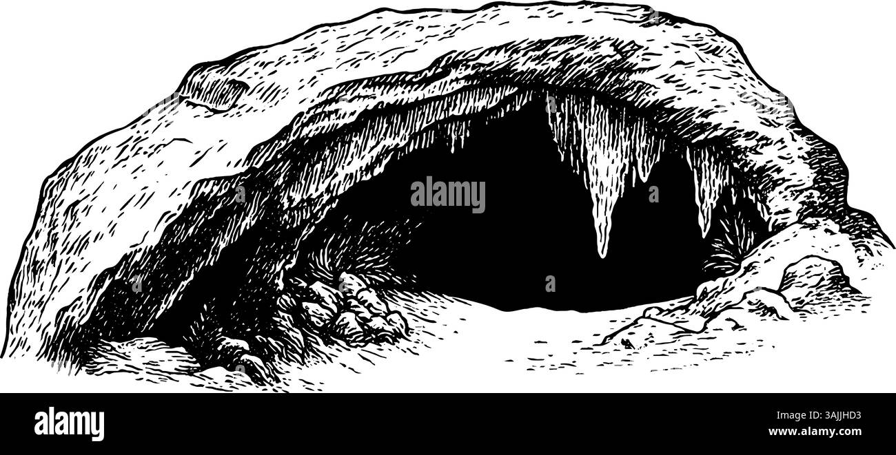 Un'illustrazione di un ingresso di una grotta, con rocce frastagliate e ghiaccioli appesi al soffitto. La grotta appare scura e misteriosa, con un pavimento sabbioso e qualche vegetazione visibile all'ingresso. Illustrazione Vettoriale