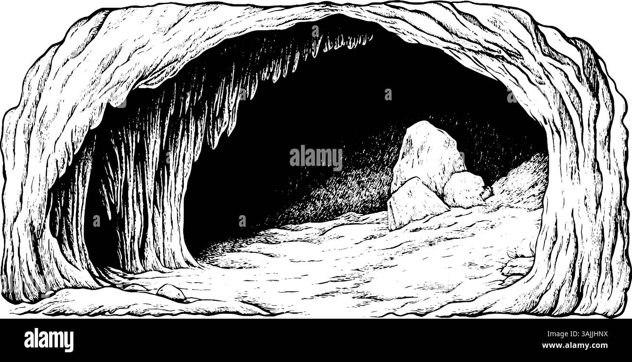 Un'illustrazione dettagliata dell'interno di una grotta, caratterizzata da pareti rocciose e un pavimento sabbioso. La grotta presenta stalattiti appese al soffitto e grandi massi sparsi all'interno, creando un'atmosfera misteriosa. Illustrazione Vettoriale