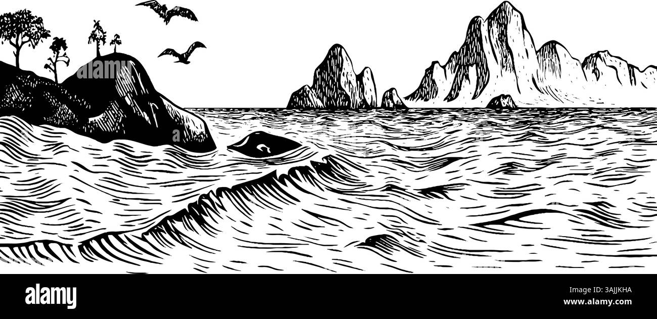 Un'illustrazione in bianco e nero che raffigura una scena costiera con onde, montagne rocciose sullo sfondo e uccelli che volano sopra. Gli alberi sono visibili sulla riva, creando un paesaggio sereno. Illustrazione Vettoriale