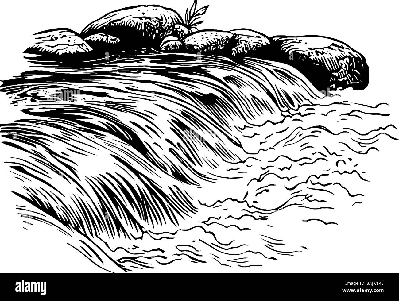 Un'illustrazione in bianco e nero di un flusso che scorre sopra le rocce, che mostra il movimento dell'acqua e degli elementi naturali. Illustrazione Vettoriale