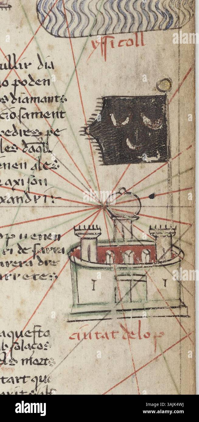 La bandiera nera nella placca 11 dell'Atlante catalano di Cresques Abraham rappresenta simboli militari e araldici del XIV secolo. Si tratta di un elemento visivo chiave della cartografia medievale europea. Foto Stock
