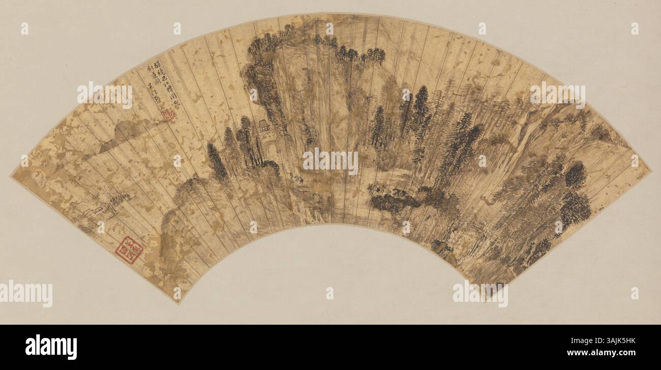 Questo dipinto a ventaglio di Zhang Hong (1577-1662) nel Museo del Palazzo mette in risalto le tradizionali tecniche cinesi di pennellata, illustrando un paesaggio dettagliato con temi culturali del tardo periodo Ming. Foto Stock